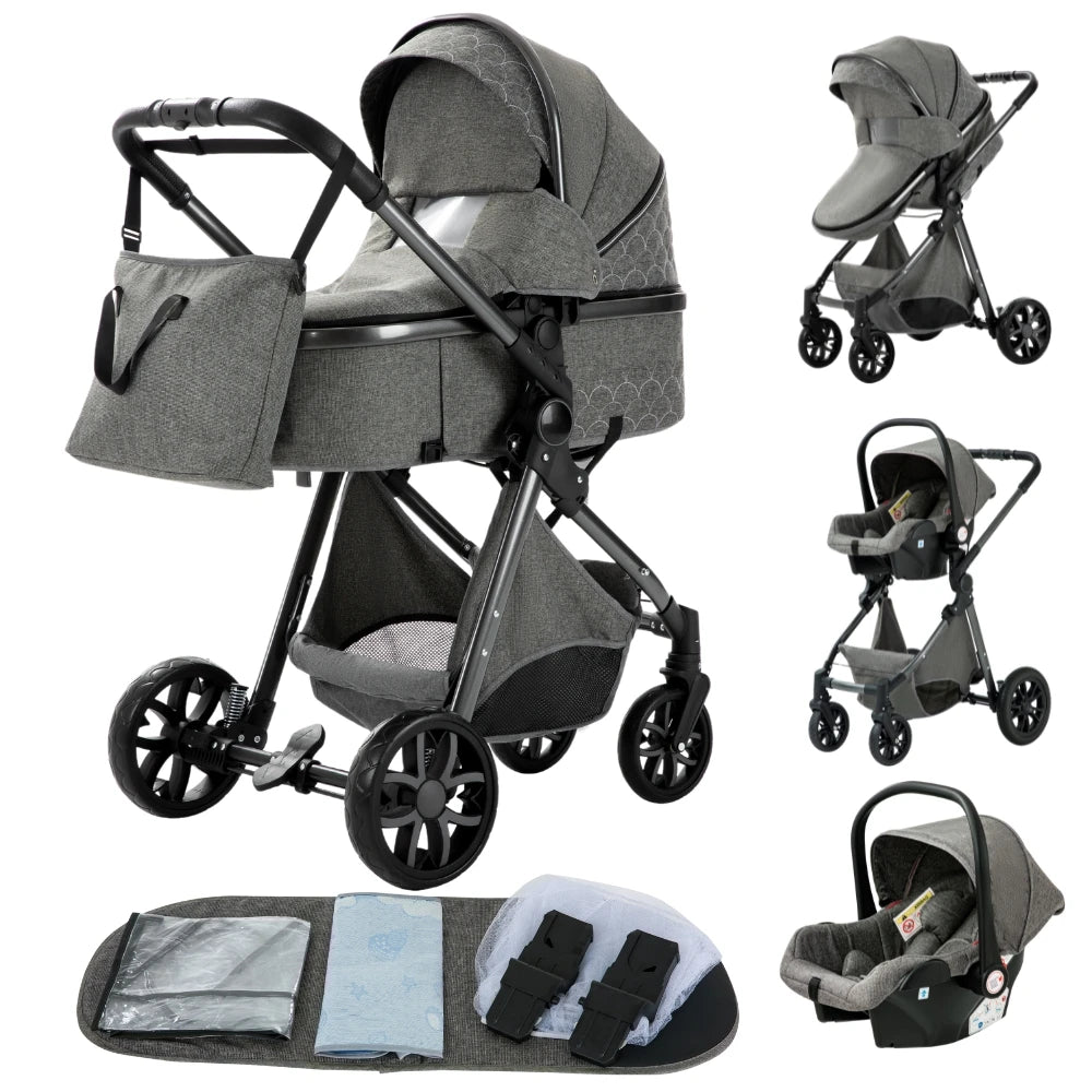 3‑in‑1 Baby Pram Travel System – Lightweight All‑Terrain Stroller