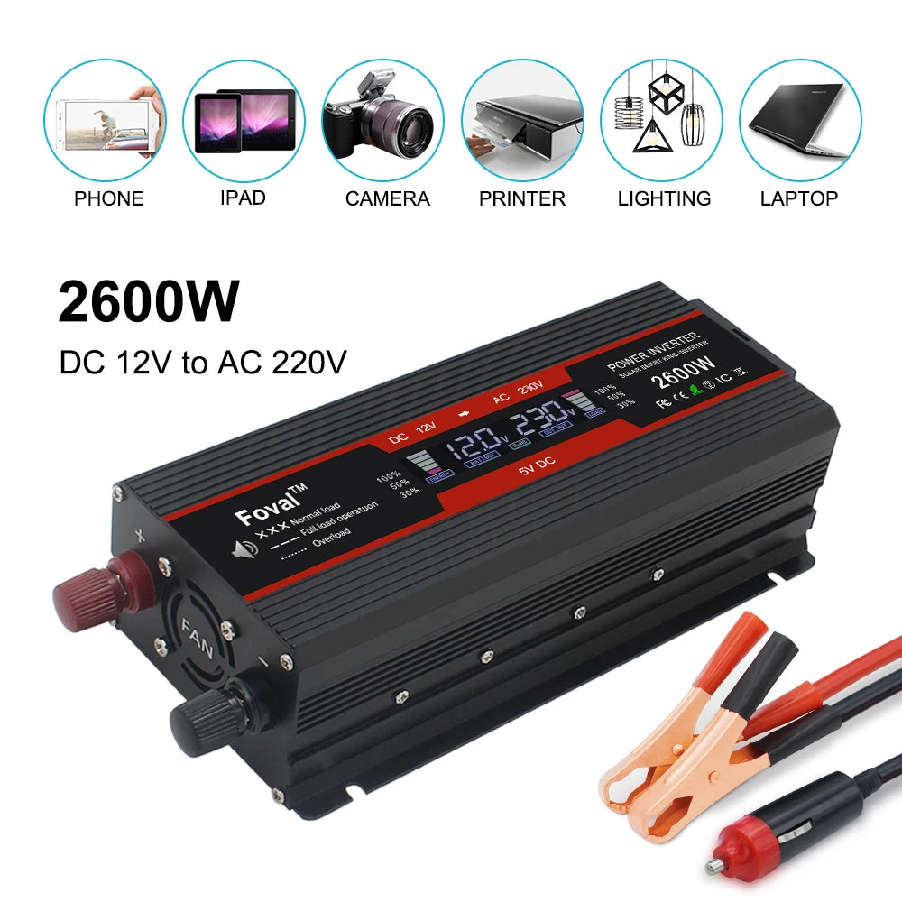 Мощен инвертор 1500W/2000W/2600W/3000W с LCD дисплей DC 12V към AC 220V, соларен, с 2 USB порта, автомобилен трансформатор, конвертор, EU щепсел, модифицирана синусоида 50Hz