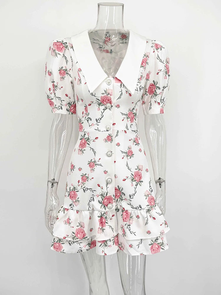 Tornova Print Puff Sleeves Ruffled Dress Women's V-Neck High Waist Pearl Buttons Mini Dress Female Casual Vacation Fashion Dress 