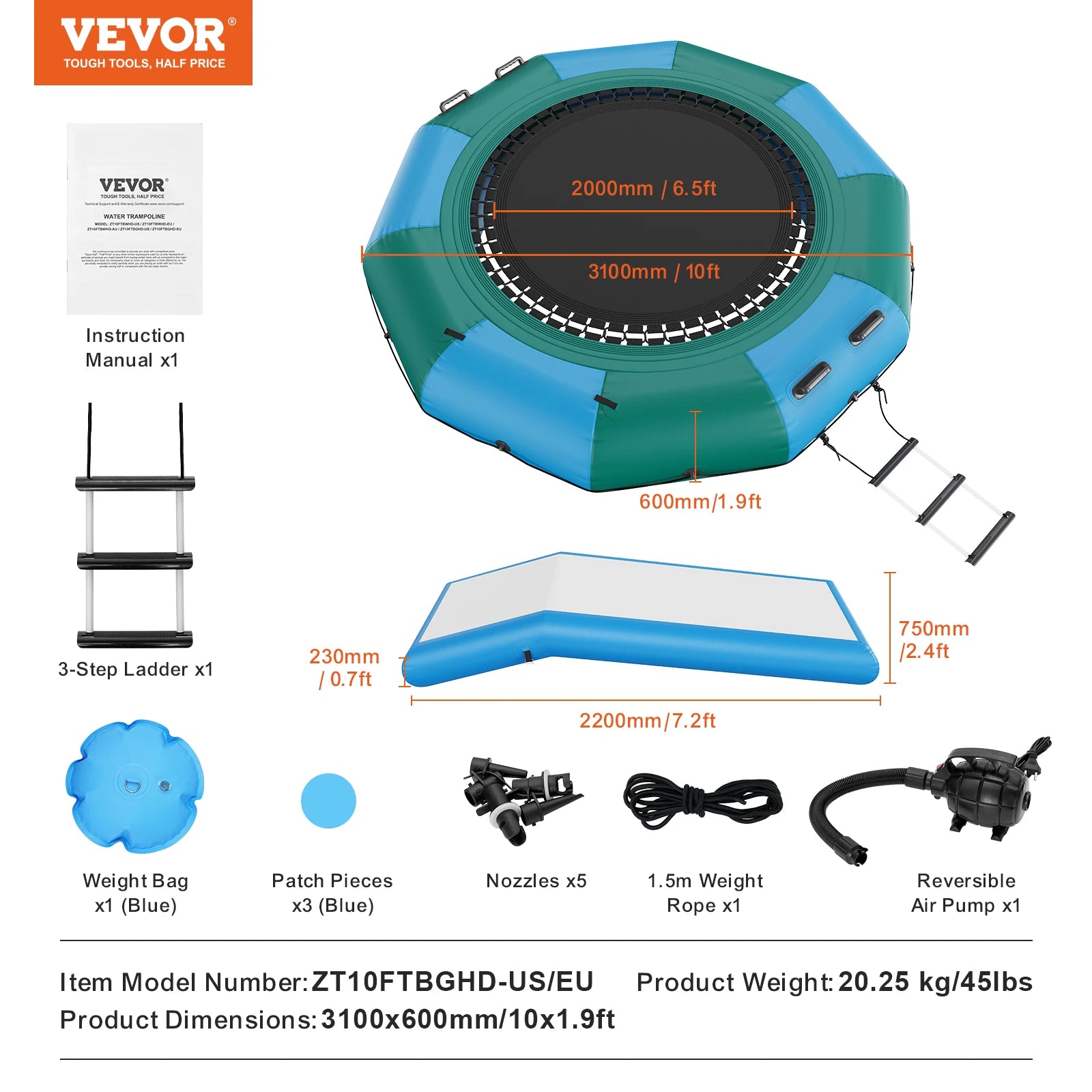 Trampoline aquatique gonflable 10 pieds avec toboggan, échelle et plateforme de baignade