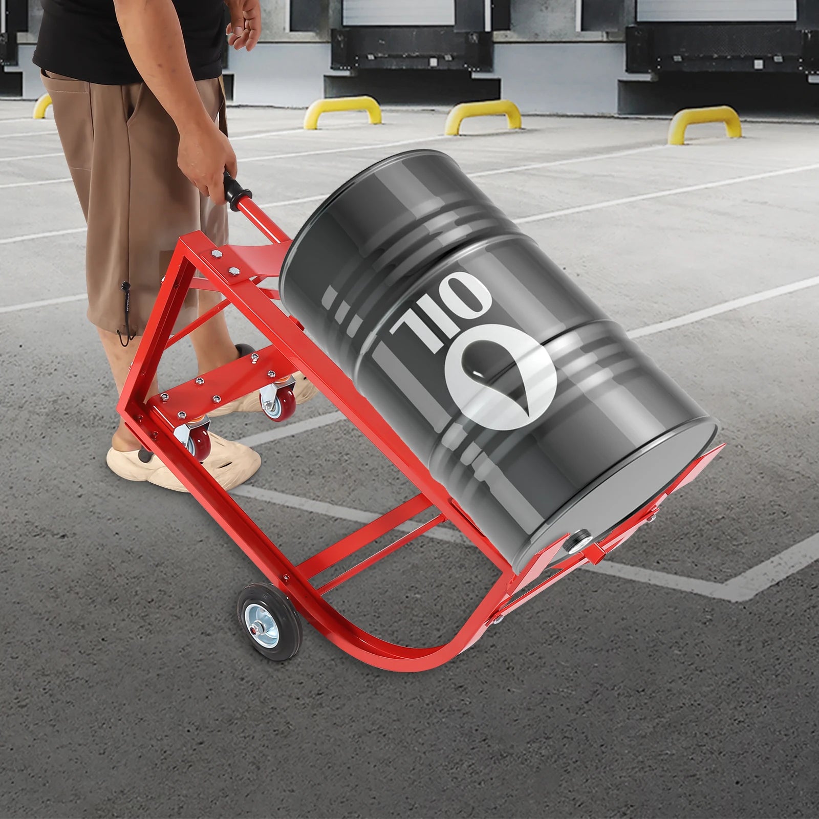 Sturdy Red Steel 55 Gallon Drum Dolly Cart 600 lbs