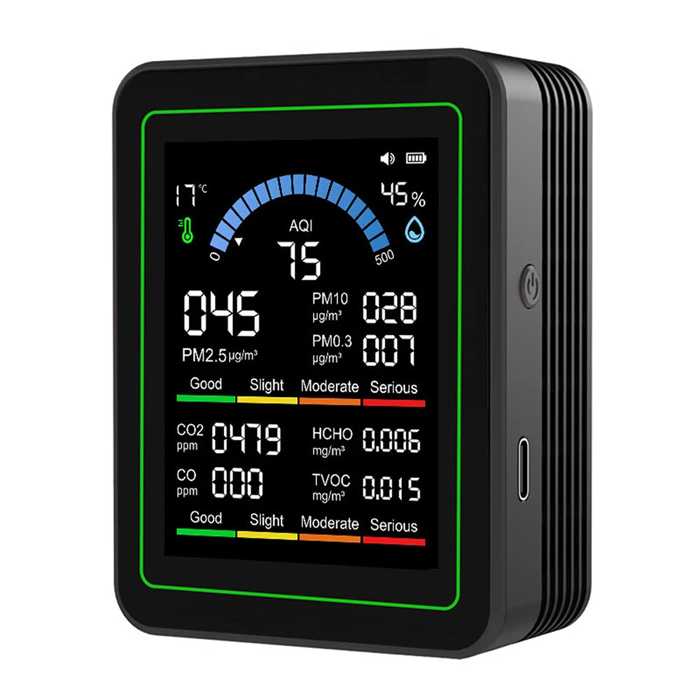 Monitor de calidad del aire 10 en 1, medidor de CO2, CO, TVOC, HCHO, PM2.5, PM1.0, PM10, medición de temperatura y humedad, detector de dióxido de carbono
