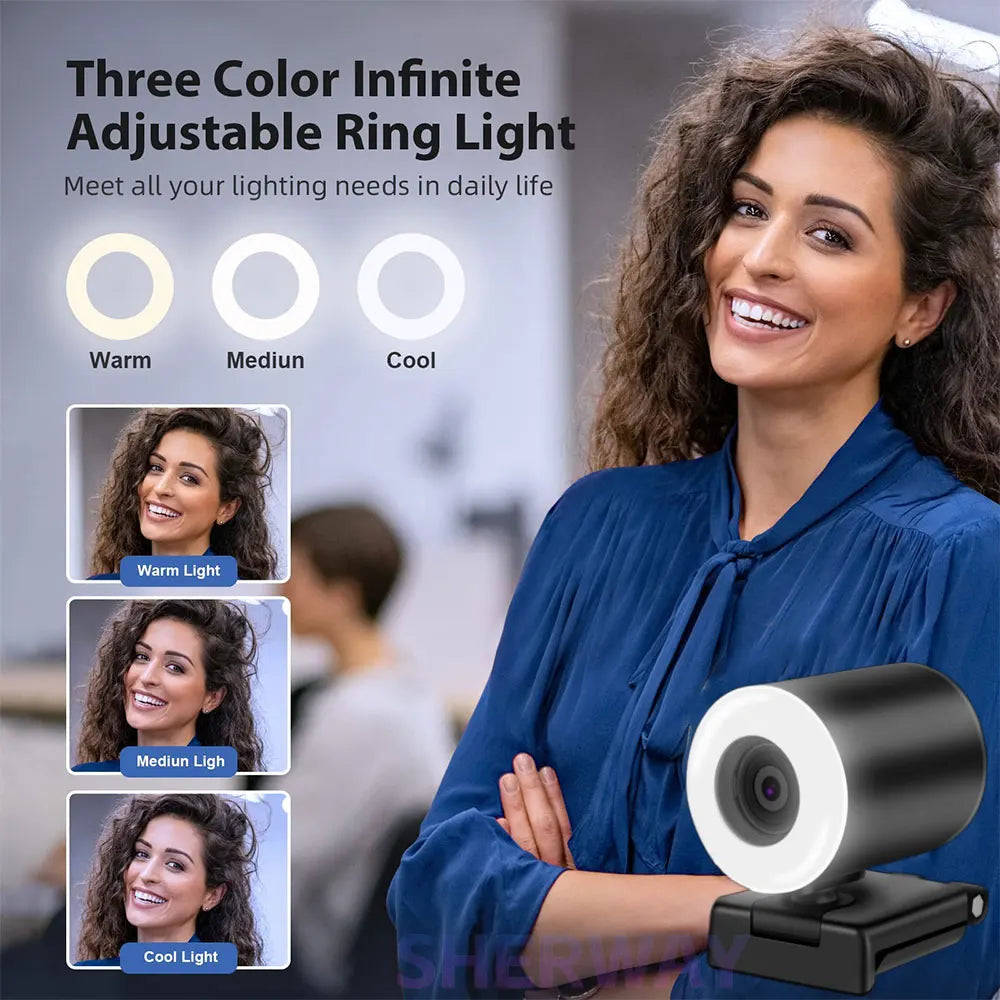 2K Streaming Webcam with Ring Light and Autofocus