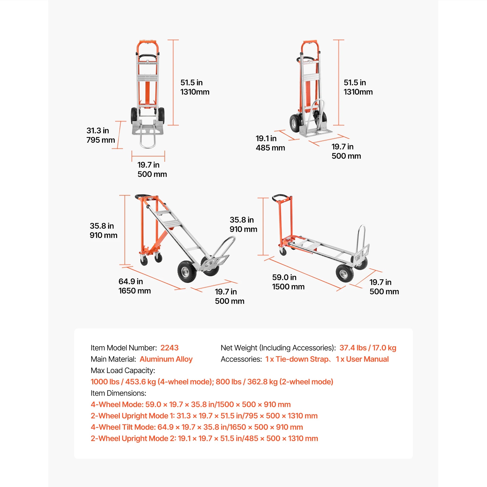 SucceBuy 4 in 1 Hand Truck 1000 lbs Load Capacity for 4-Wheel Mode Aluminum Alloy Portable Trolley Dolly for Moving Home Office