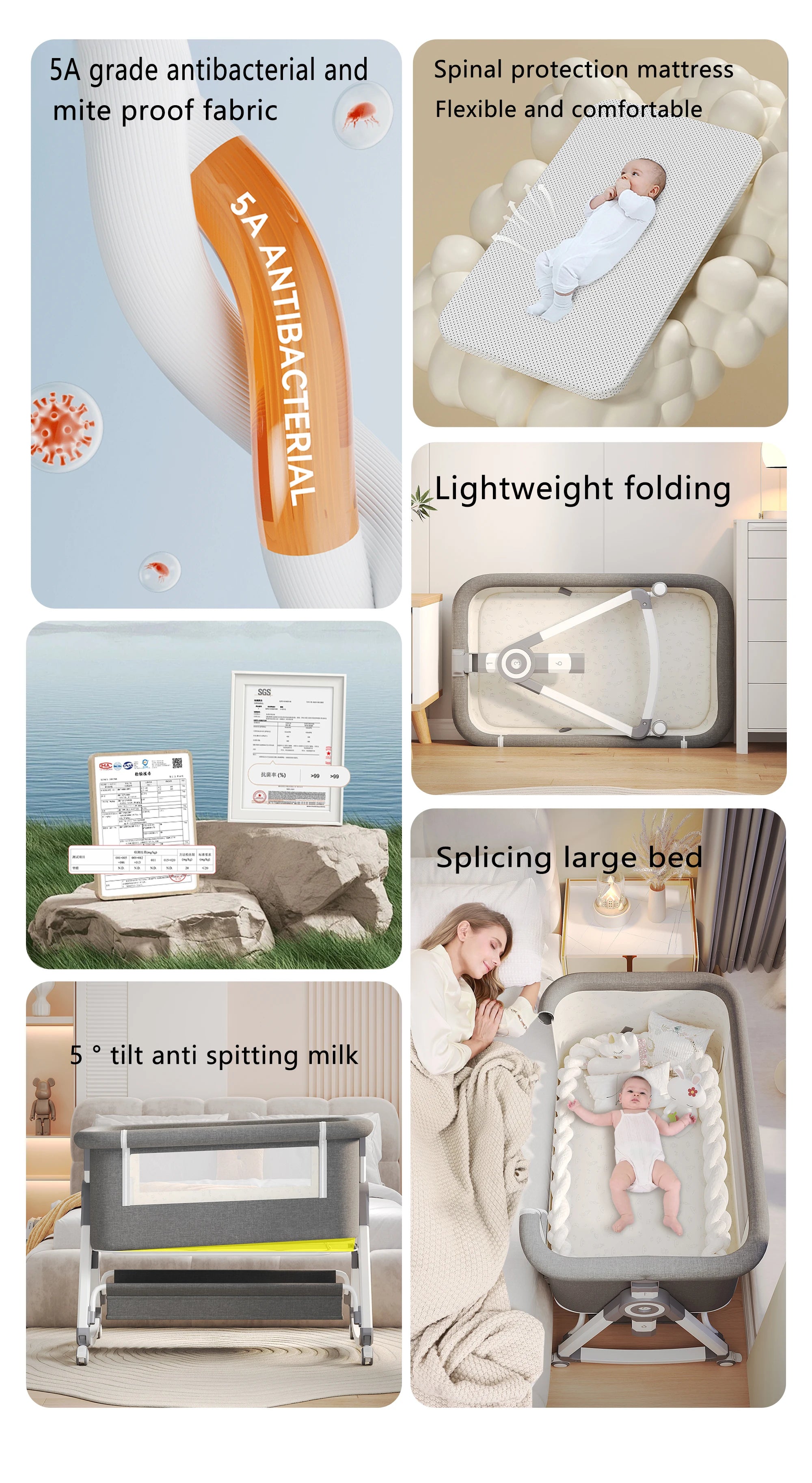 5-in-1 Baby Crib with Adjustable Height, Rocking Mode, Mosquito Net and Storage