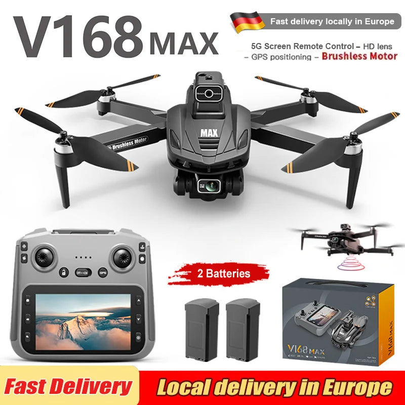 NEW V168 Pro MAX GPS Drone 4K Professional 1080P HD Camera 5G WIFI FPV Drone Brushless Motor 2 Batteries 4.5 Inch Large Screen Remote Control Quadcopter Boys Toys