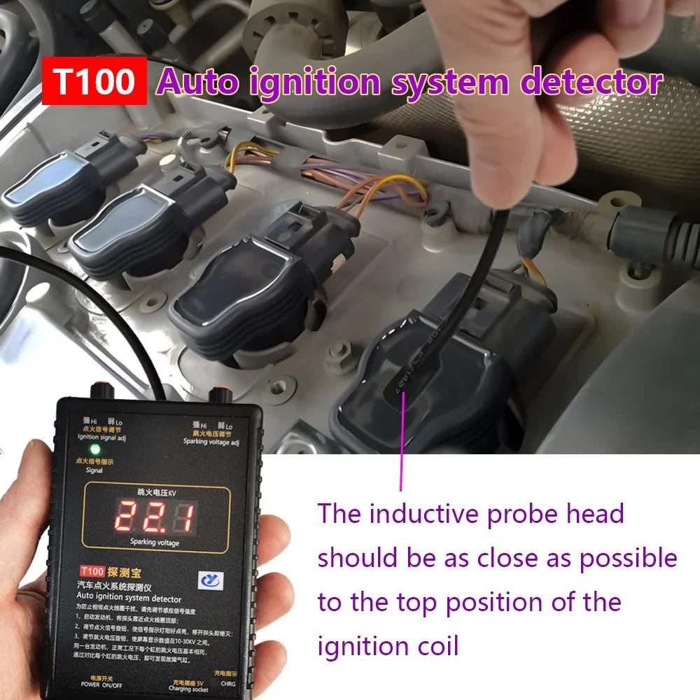 T100 Auto Ignition System Detector for 12V 24V Ignition System to Test Ignition Signal and Spark Voltage