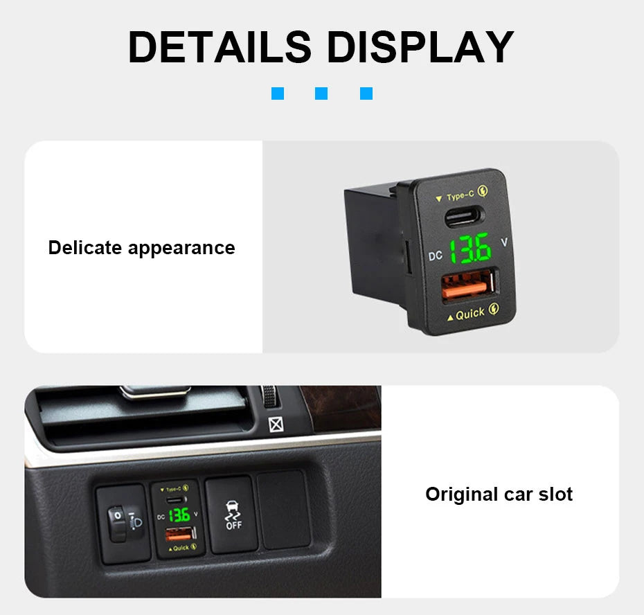 BLALION 45W 5A QC PD 3.0 USB Car Charger Auto Mobile Phone Charger Adapter Fast Charging LED Voltage Display for Toyota Series