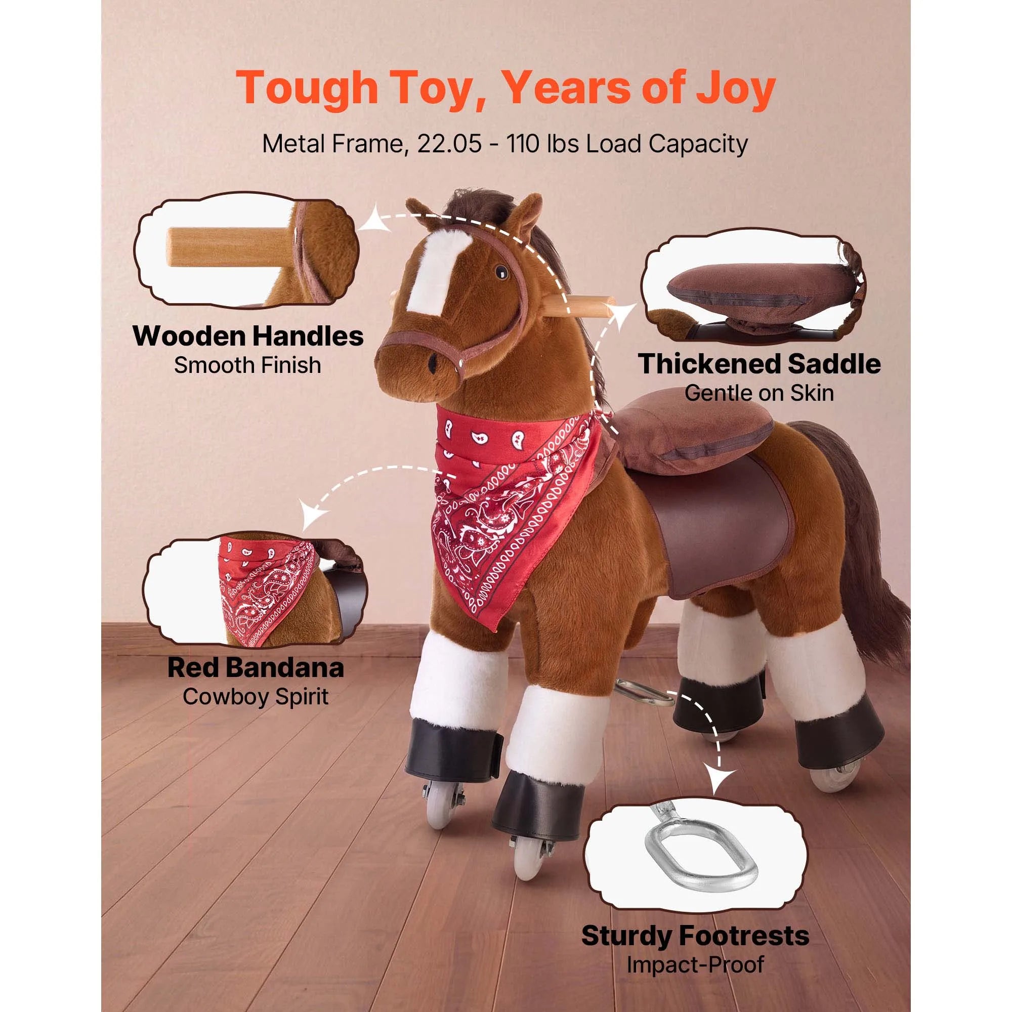 SucceBuy 110/176 lbs Kids Ride On Horse Smooth Wheels with Anti-Roll Stop Ring & Handles Pedals Riding Pony Toys for Children