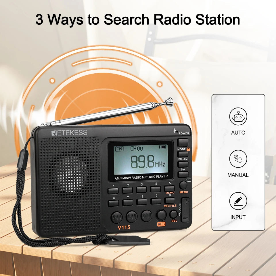 RETEKESS V115 Radio FM AM SW Portable Radios Rechargeable  Radio Batteries multiple bands  USB Recorder Speaker for Elders TX32 