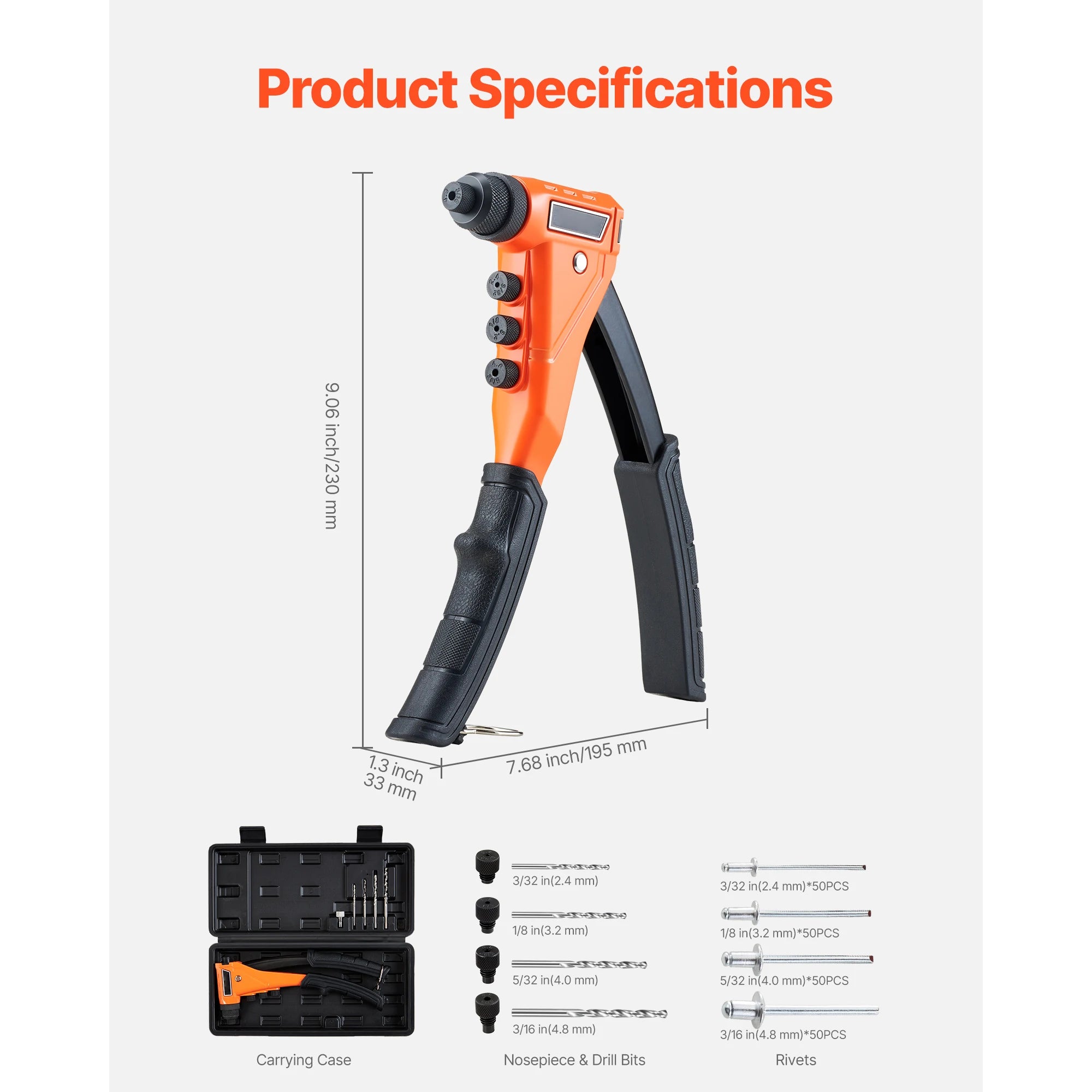 Pop Rivet Gun Kit with 200 Rivets, Interchangeable Heads & Case
