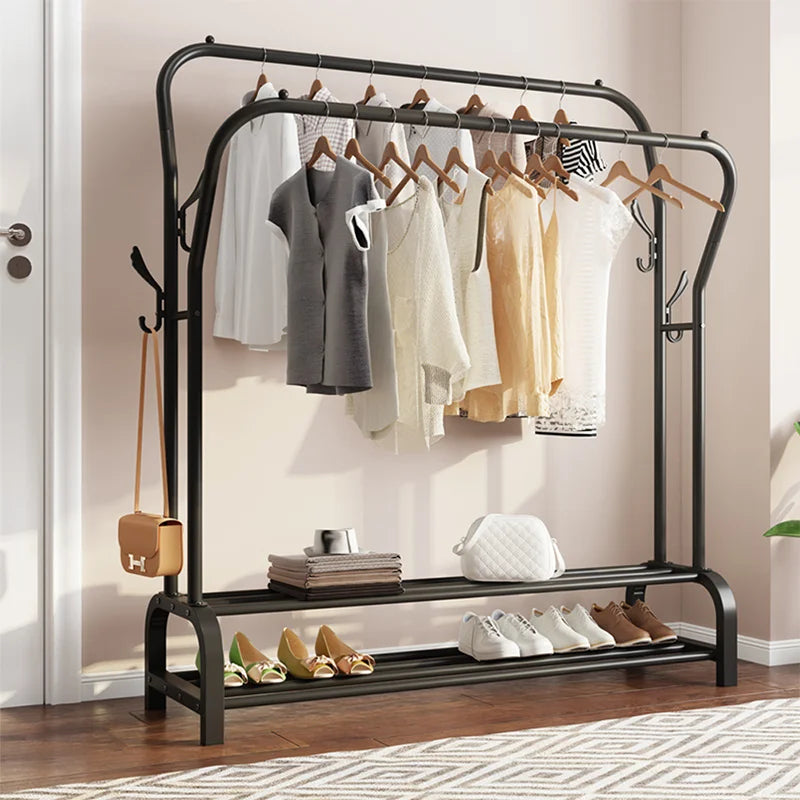 Double Rail Standing Clothes Rack with Storage Shelves