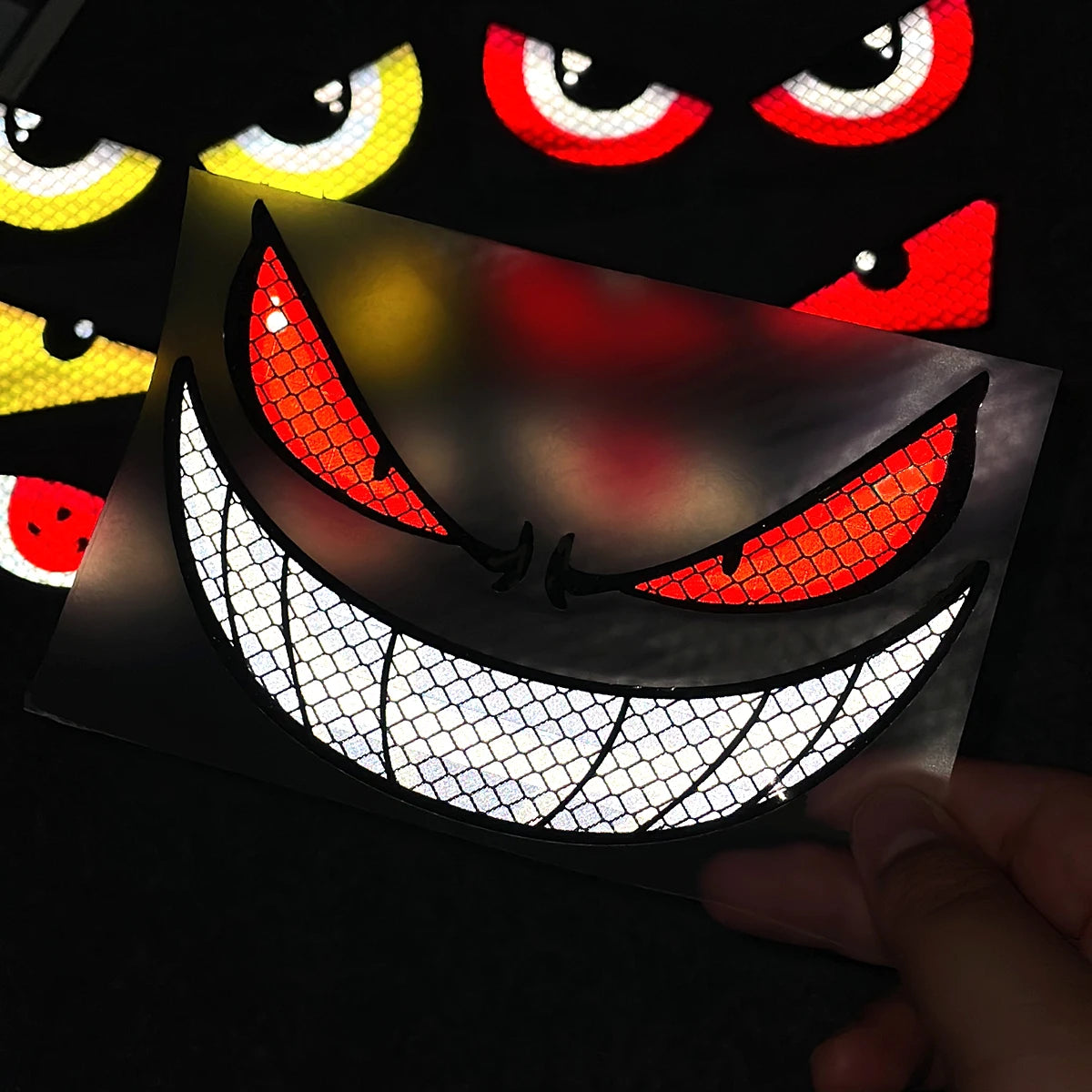 Grin Eyes Reflective Motorcycle Safety Warning Stickers Decor Moto Bike Scooter Body Windshield Helmet Tailbox Decal Accessories