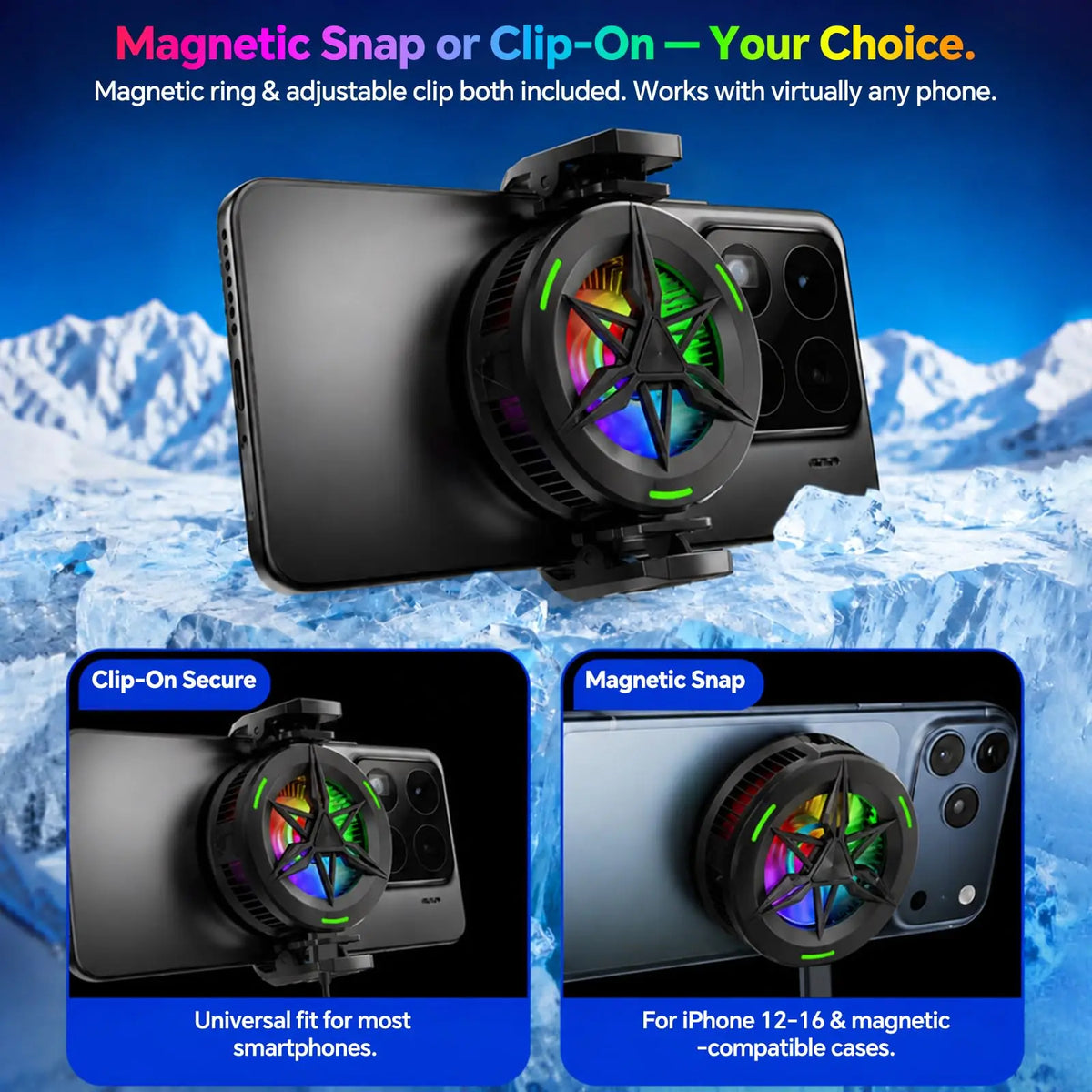USB-C Phone Cooler with RGB and Magnetic/Clip Mounts