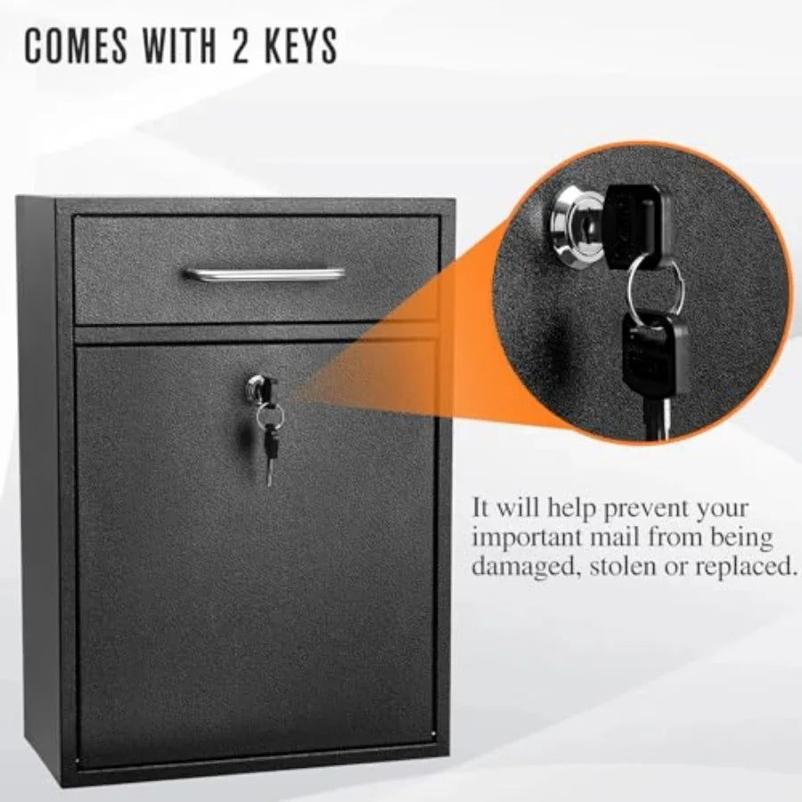 Locking Wall Mount Mailbox XL 16x11.2x4.7 in Secure Iron Drop Box
