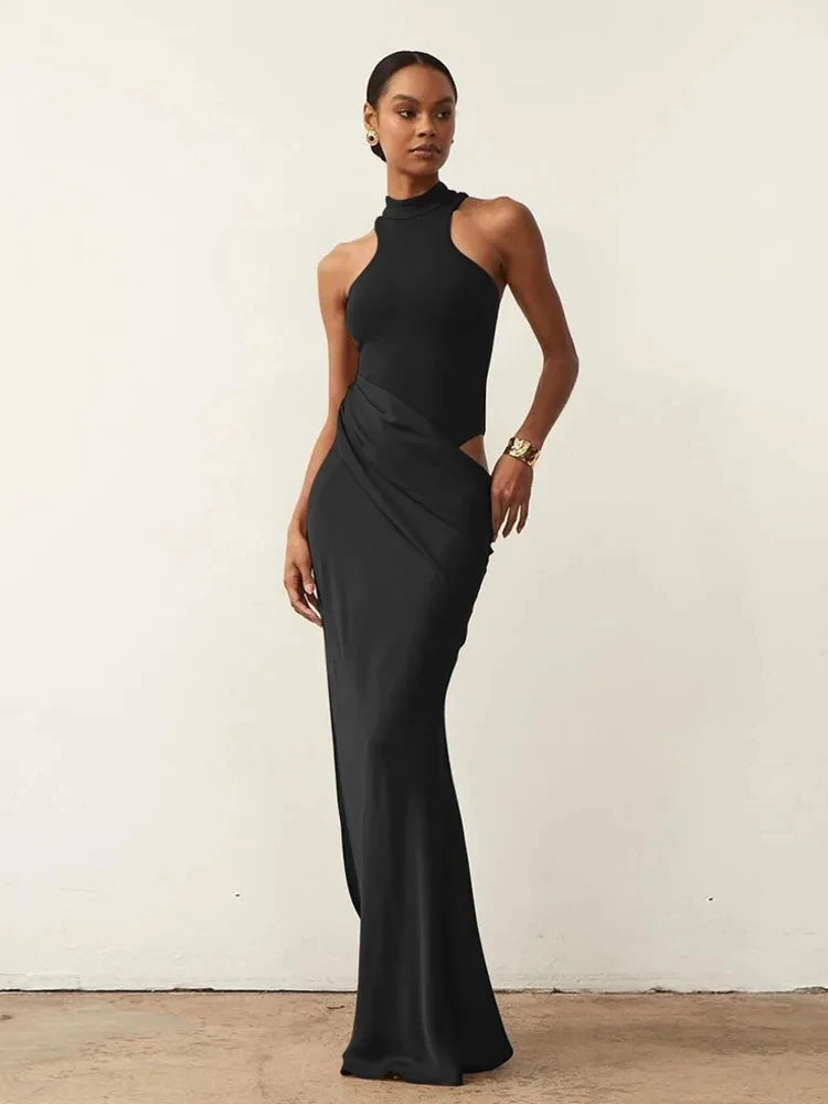 JULISSA MO Satin Sexy Hollow Out Women Maxi Dress Black Sleeveless High Waist Dress Female Autumn Skinny Elegant Party Clubwear 