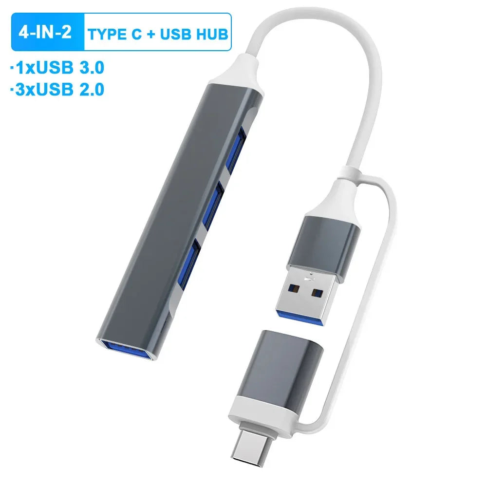 Viacportový rozbočovač USB-A/USB-C, štyri možnosti rozloženia