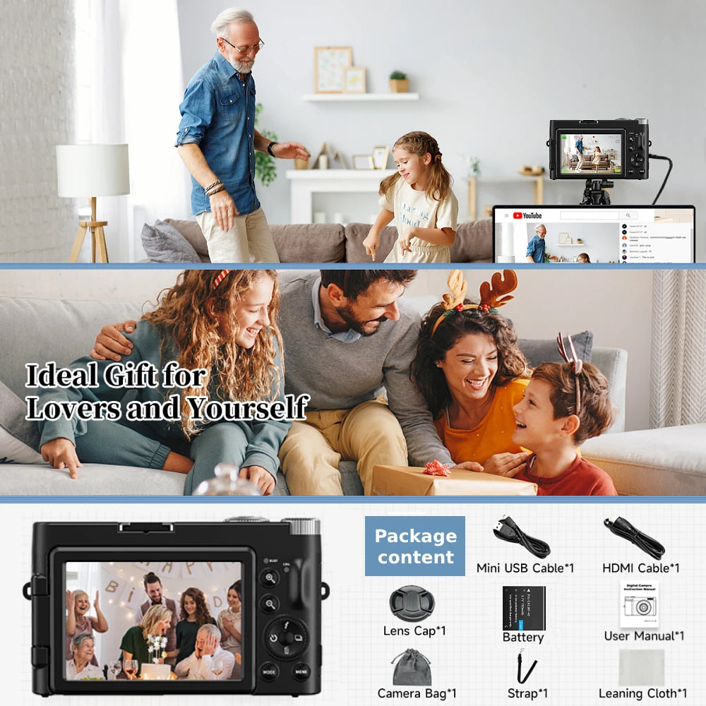 4K Digital Camera for Photography and Video Autofocus Anti-Shake 48MP Compact Vlogging Camera 3'' 180° Flip Screen with Flash 