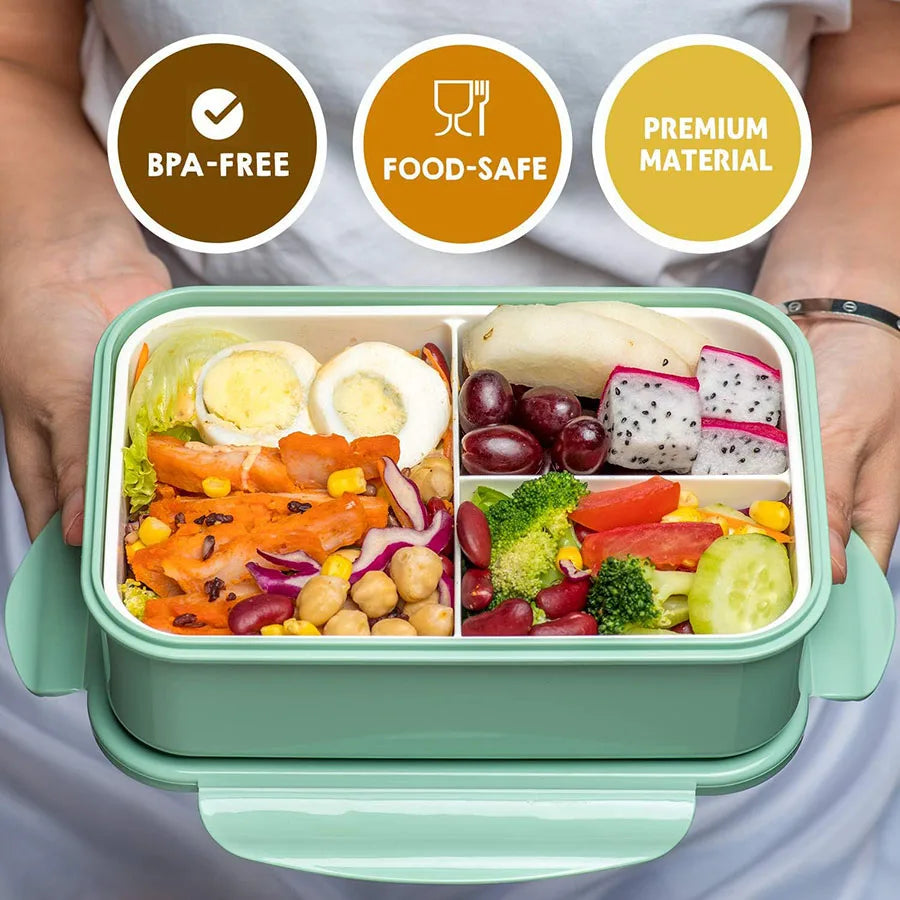 Three-Compartment Lunch Box with Spoon and Fork