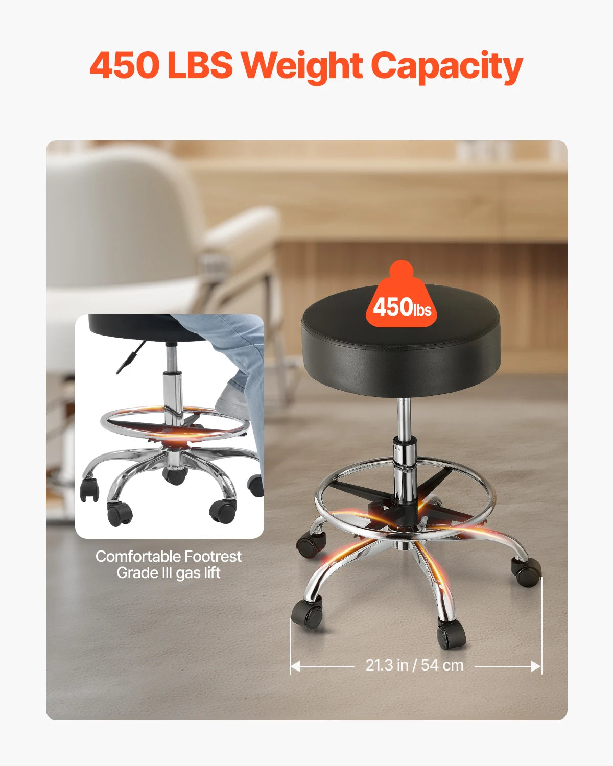 Rolling Stool Chair with Wheels 450 lb Capacity Adjustable Height