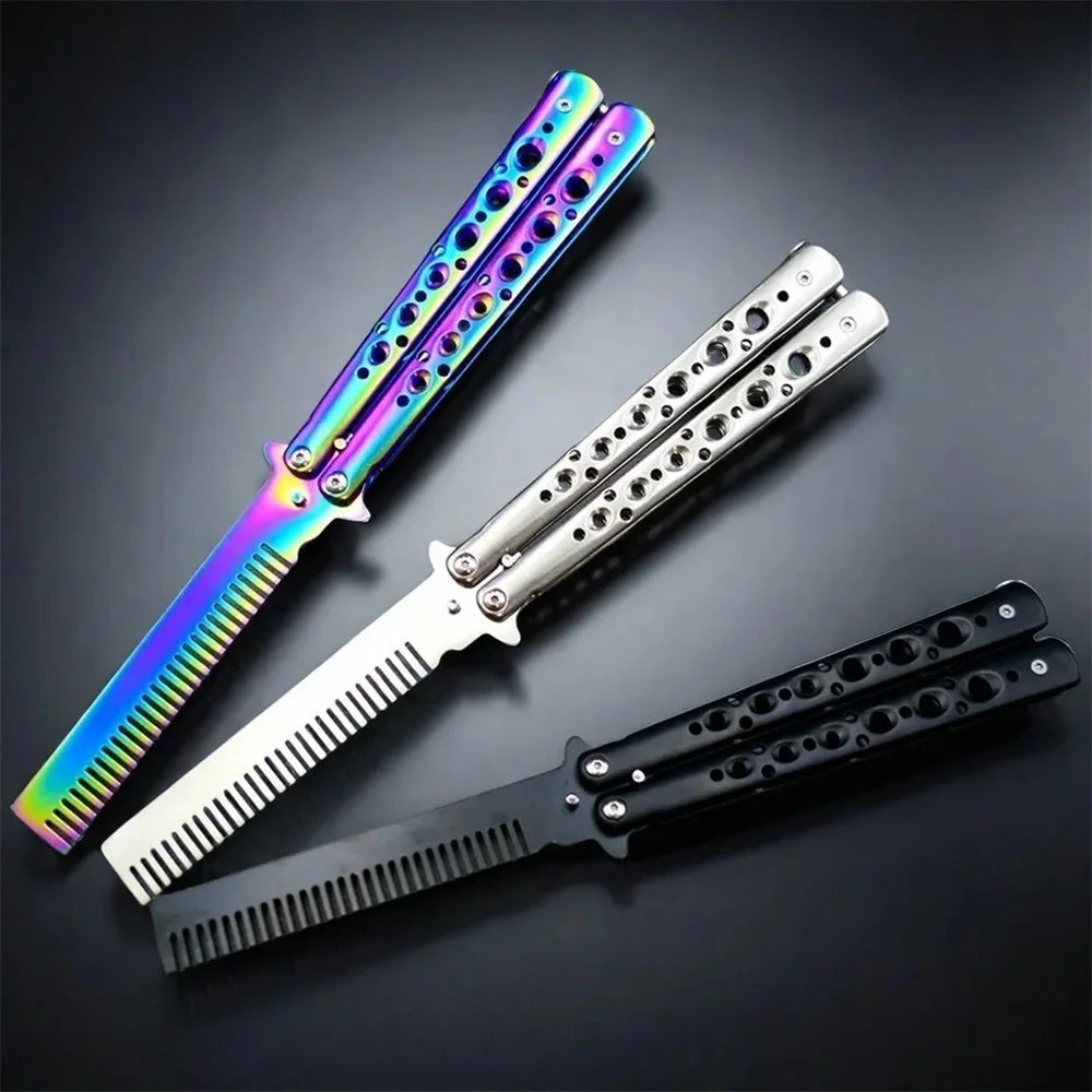 Foldable Comb Stainless Steel Practice Training Butterfly Knife Comb Beard Moustache Brushe Salon Hairdressing Styling Tool 