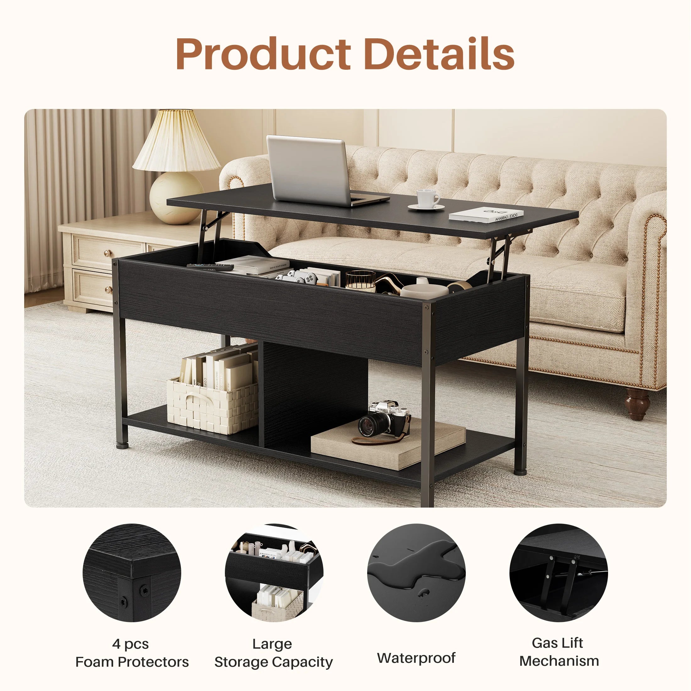 39" Lift Top Coffee Table with Storage Shelf Adjustable Wood Desk