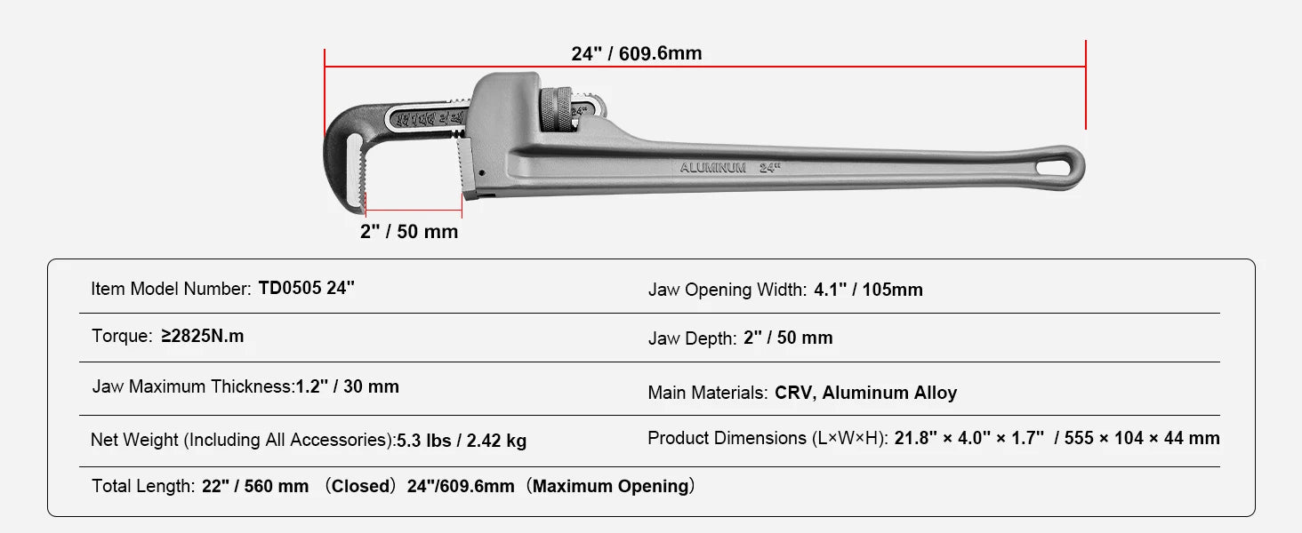 24" Aluminum Pipe Wrench Adjustable 4.1" Jaw Heavy-Duty Grip