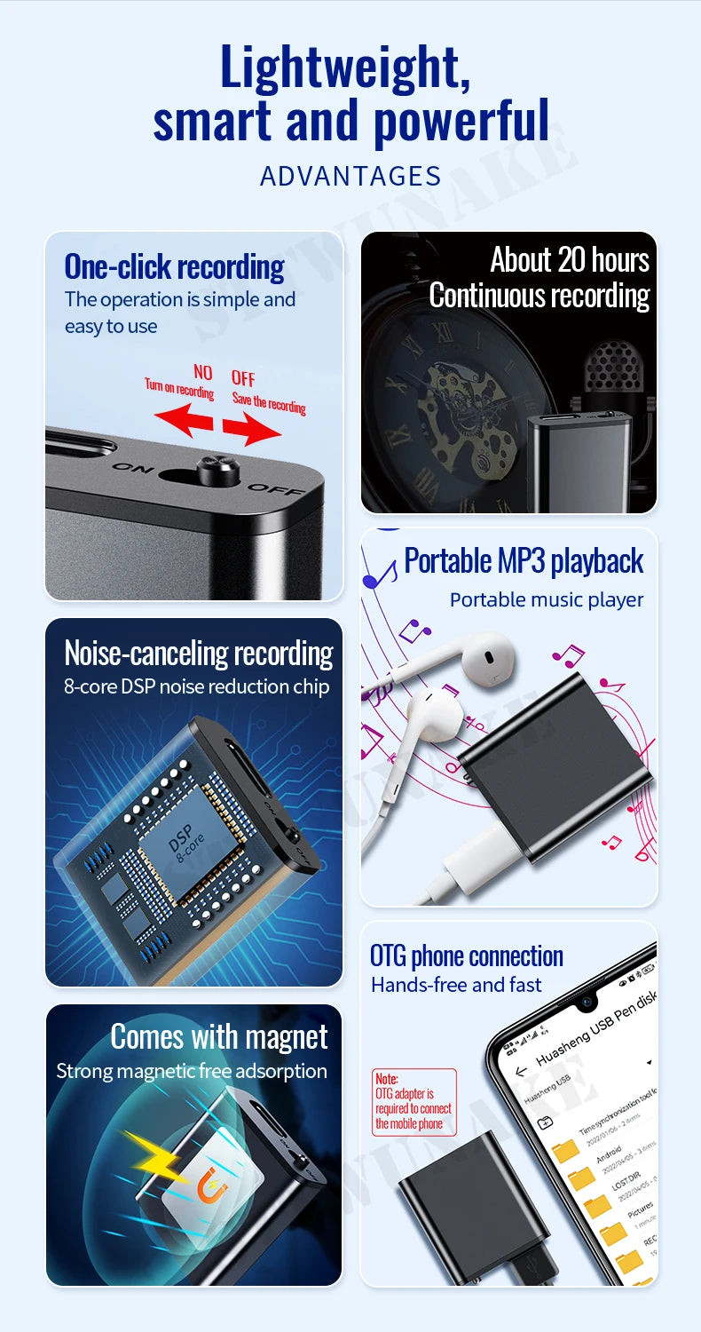 Mini Voice Activated Recorder Only 0.25cm Built-in Magnet Small Digital Audio Recording Sound Device Micro Dictaphone STTWUNAKE 