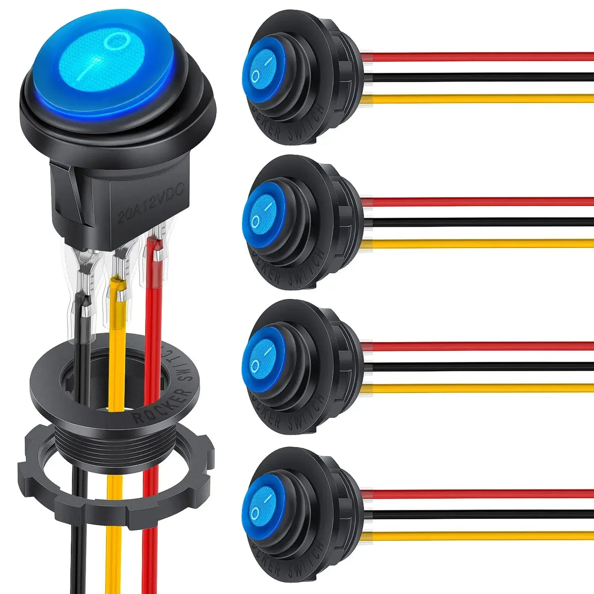12V Illuminated Round Rocker Switches, 5 Pieces
