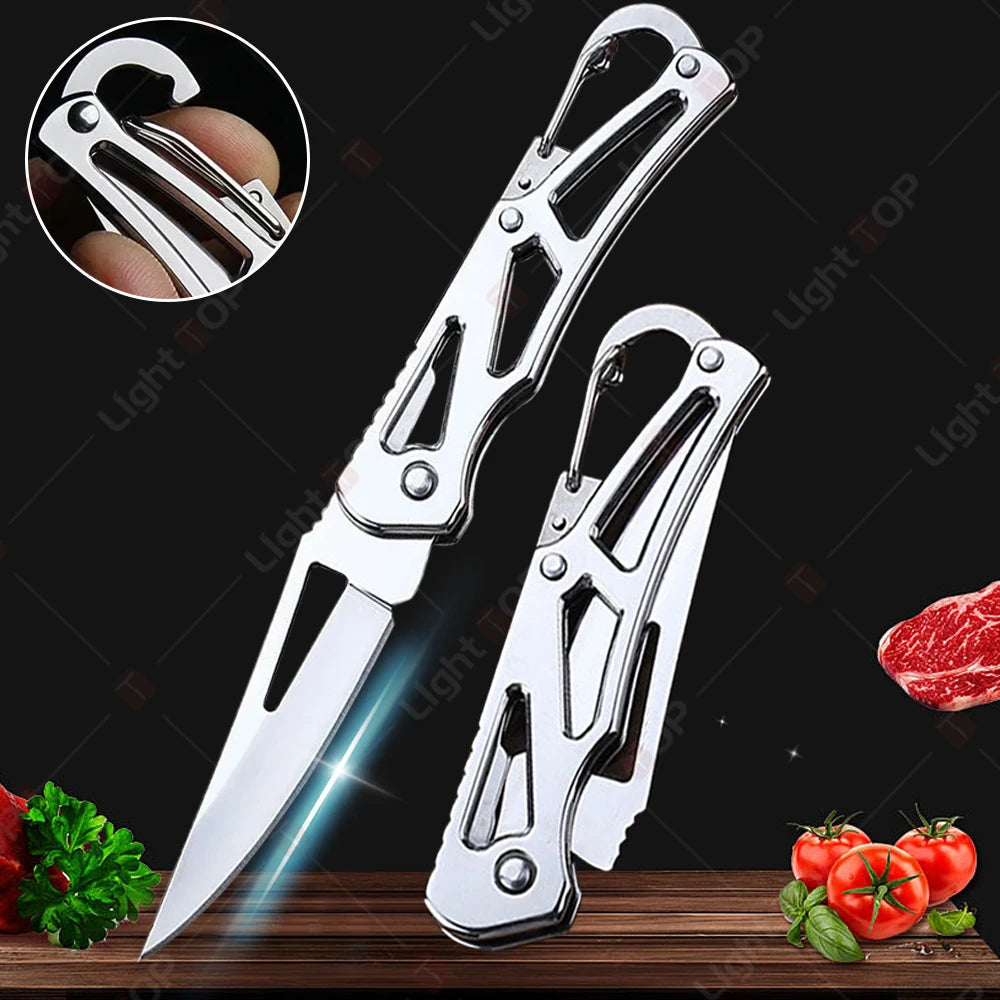 Folding Fruit Knife Stainless Steel Pocket Knife with Keychain Fruit Slicing Knives with Non-slip Handle Household Small Knife 