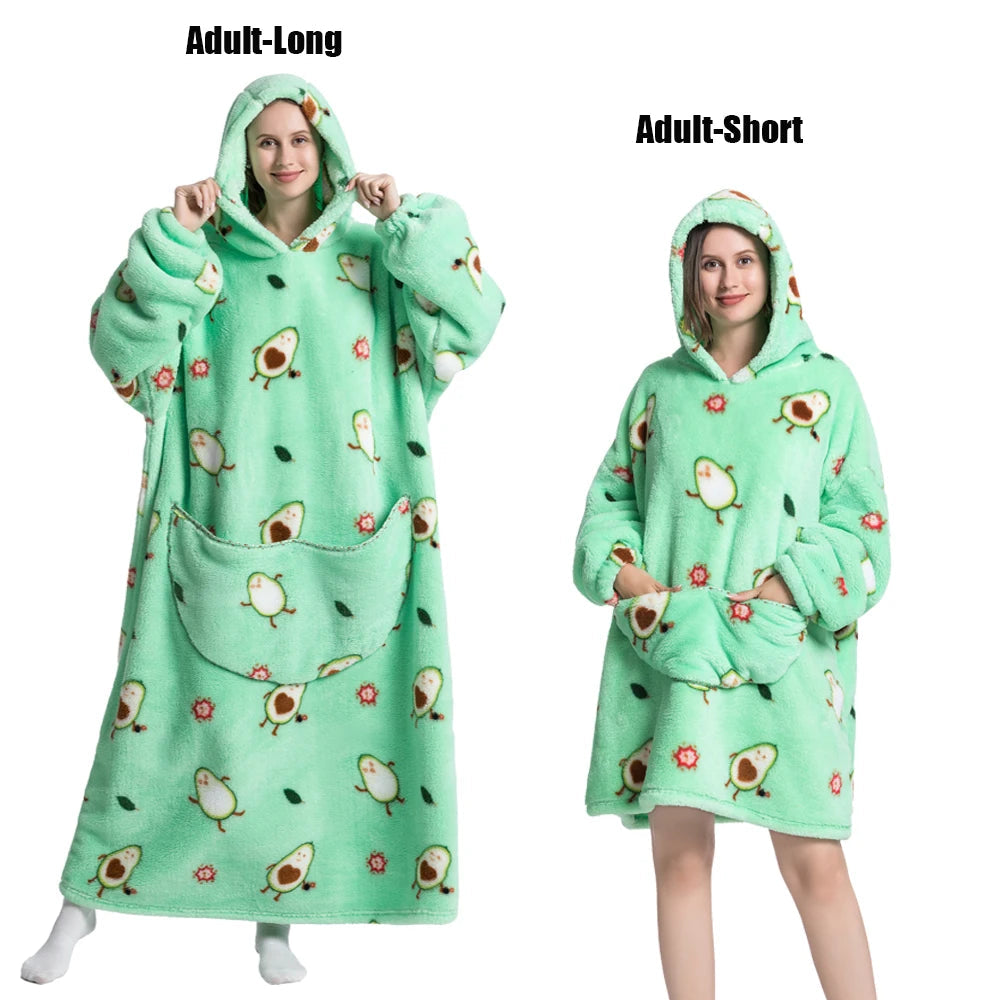 Women Plush Fleece Blanket Men Warm Thick Hoodies Adult Giant TV Blanlets with Sleeves Super Long Cold-proof Homewear Pajamas 