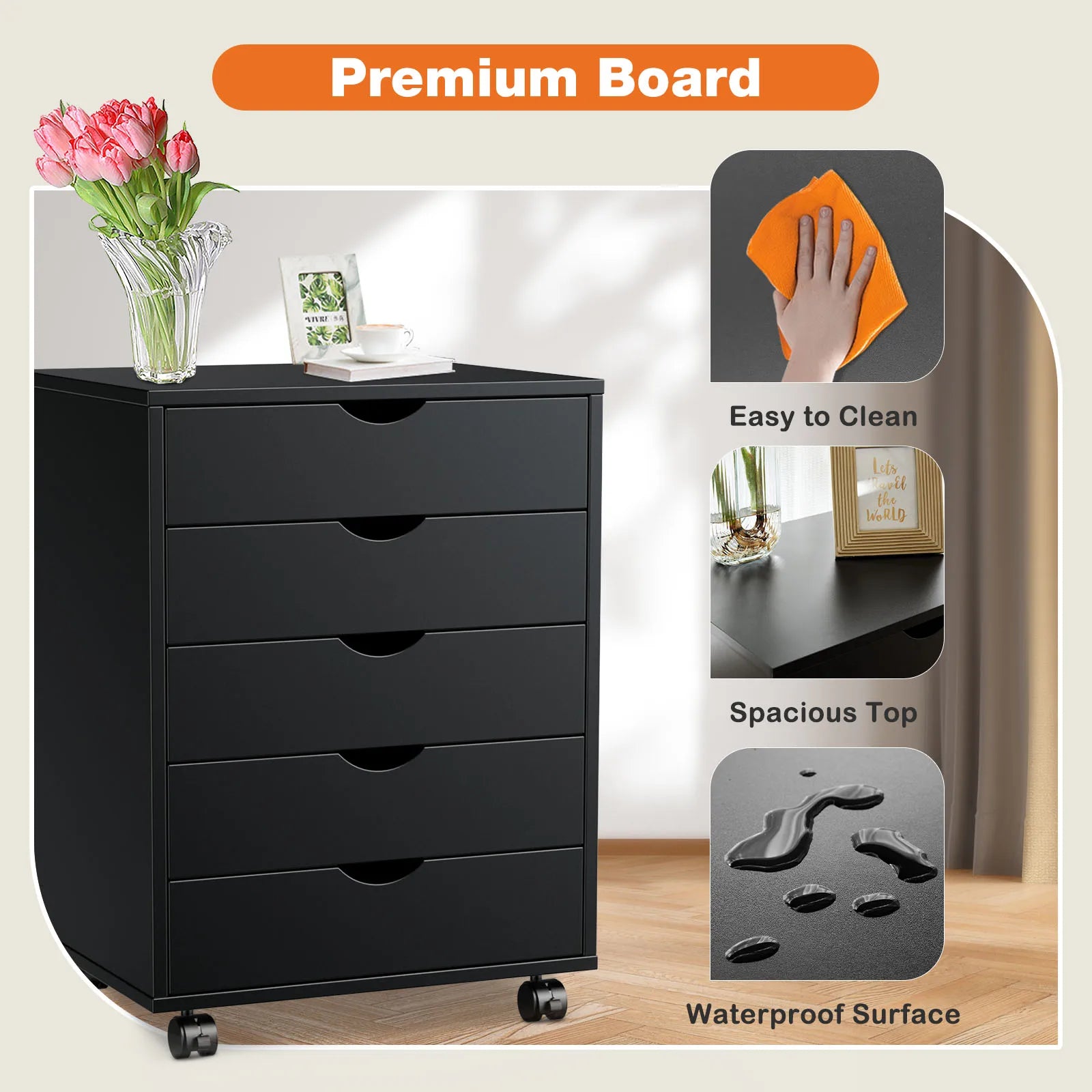 5 Drawer Rolling Nightstand Cabinet with Waterproof Top Surface