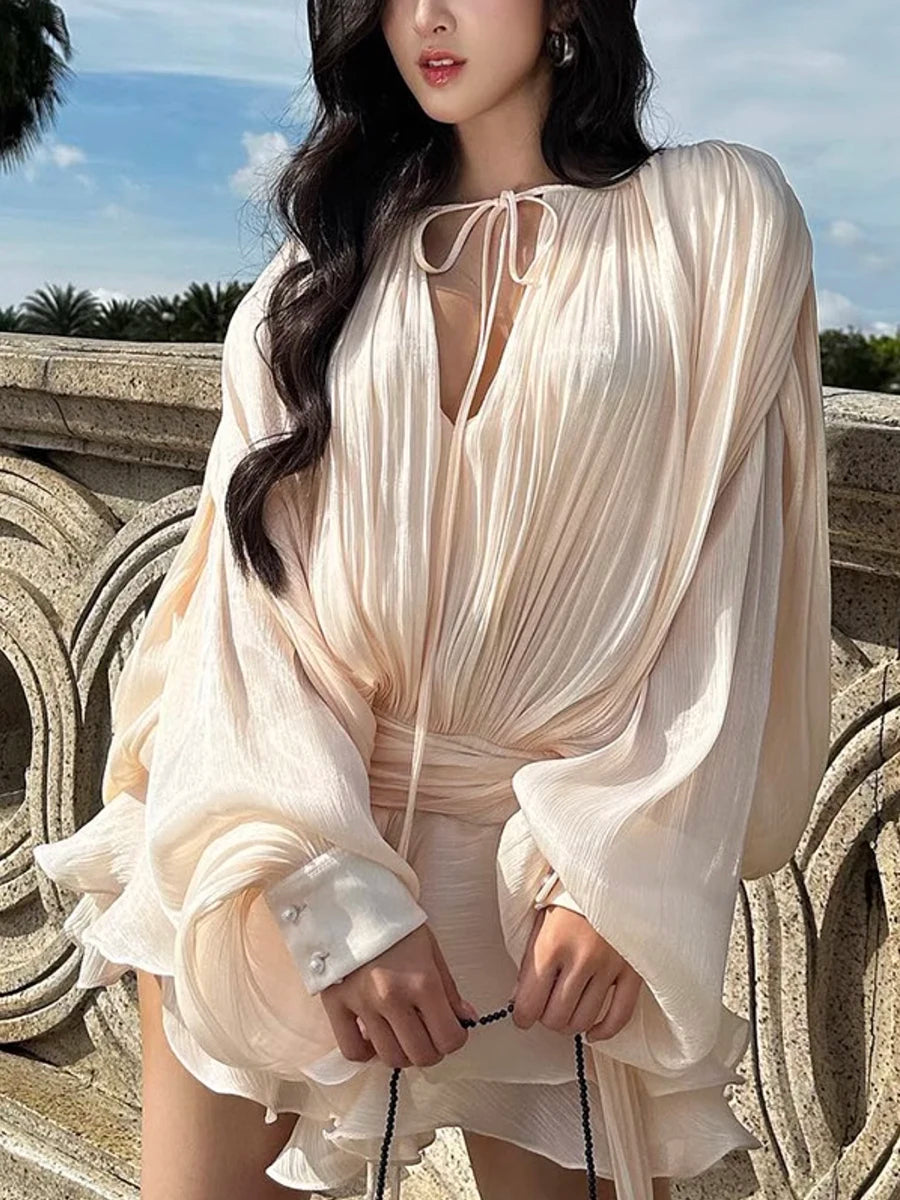 GALCAUR Solid Loose Splicd Lace Up Dresses For Women V Neck Long Sleeves Patchwork Ruffles Tunic Dreses Female Fashio New 