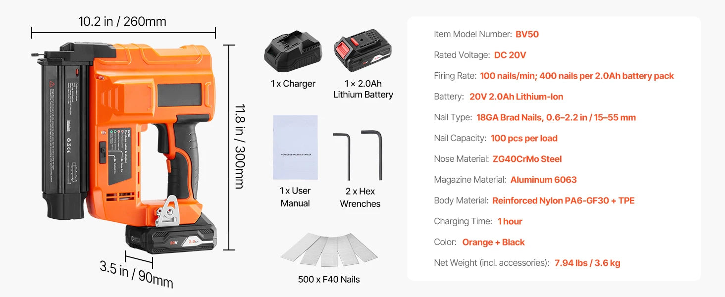SucceBuy Cordless Brad Nailer 18 Gauge 20V Battery Powered Nail Gun and Staple Gun with 500 pcs Nails 500 pcs Staples