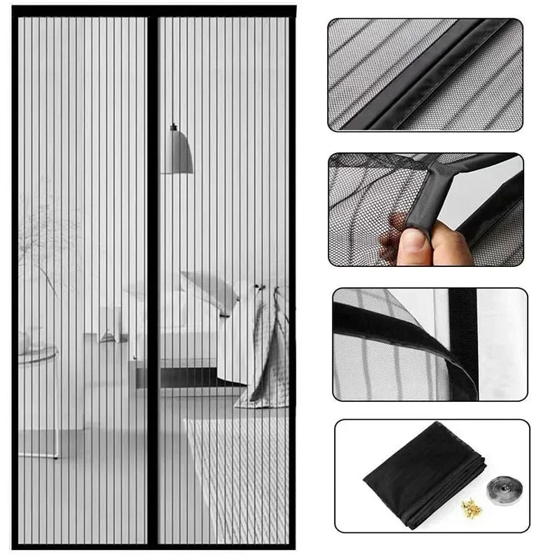 Heavy Duty Magnetic Screen Door Mesh Curtain Mosquito Net Bug Hands Free Partition Mute Striped Door Curtain Bedroom Ventilation 