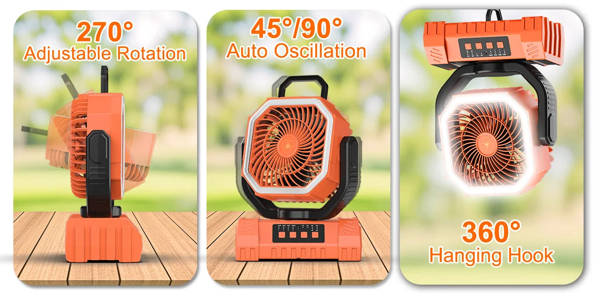 20000mAh Rechargeable Camping Fan with Auto Oscillation, Remote, Timer and LED Lantern
