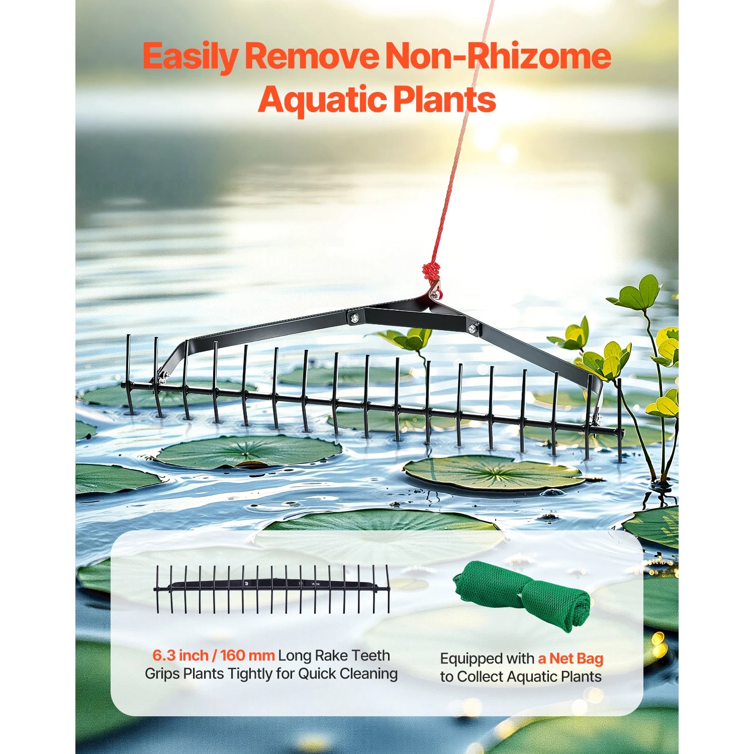SucceBuy 32 in Aquatic Weed Rake 6.3 Double Weeds Cutter w/30ft Rope No Assembly Required Clearing Tool to Pond Lake Rivulet