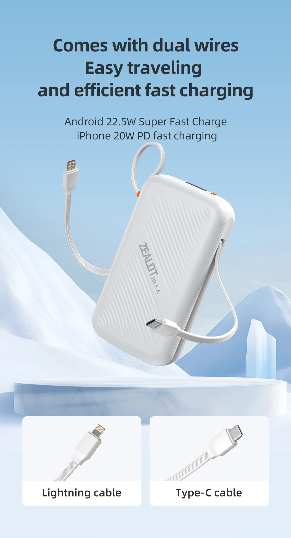 20000mAh Portable Power Bank with USB-C Cable and Digital Display
