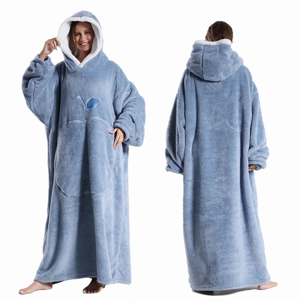Women Plush Fleece Blanket Men Warm Thick Hoodies Adult Giant TV Blanlets with Sleeves Super Long Cold-proof Homewear Pajamas 