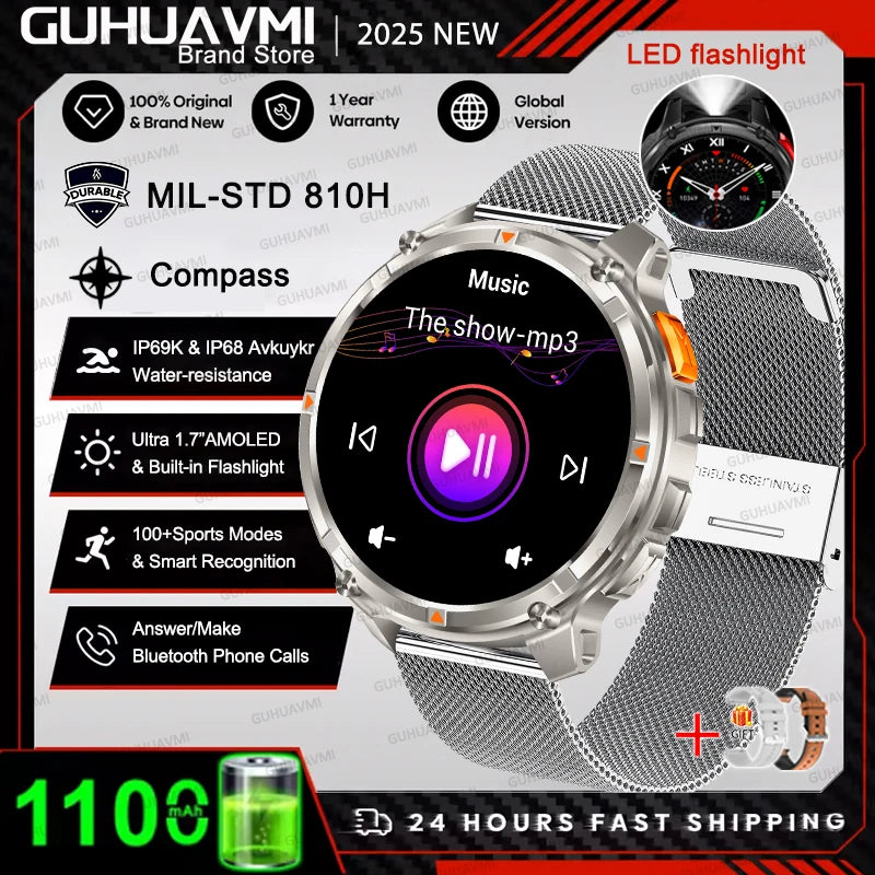 Outdoor Bluetooth Anruf-Smartwatch mit Kompass & Taschenlampenfunktion