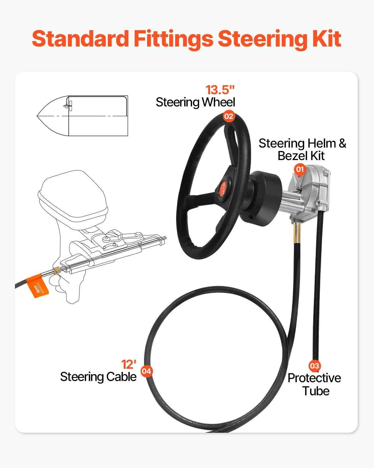 VEVOR Outboard Marine Steering System 13" Rotary Wheel 10'-16' Mechanical Cable for Yachts and Fishing Engine Boat Accessories