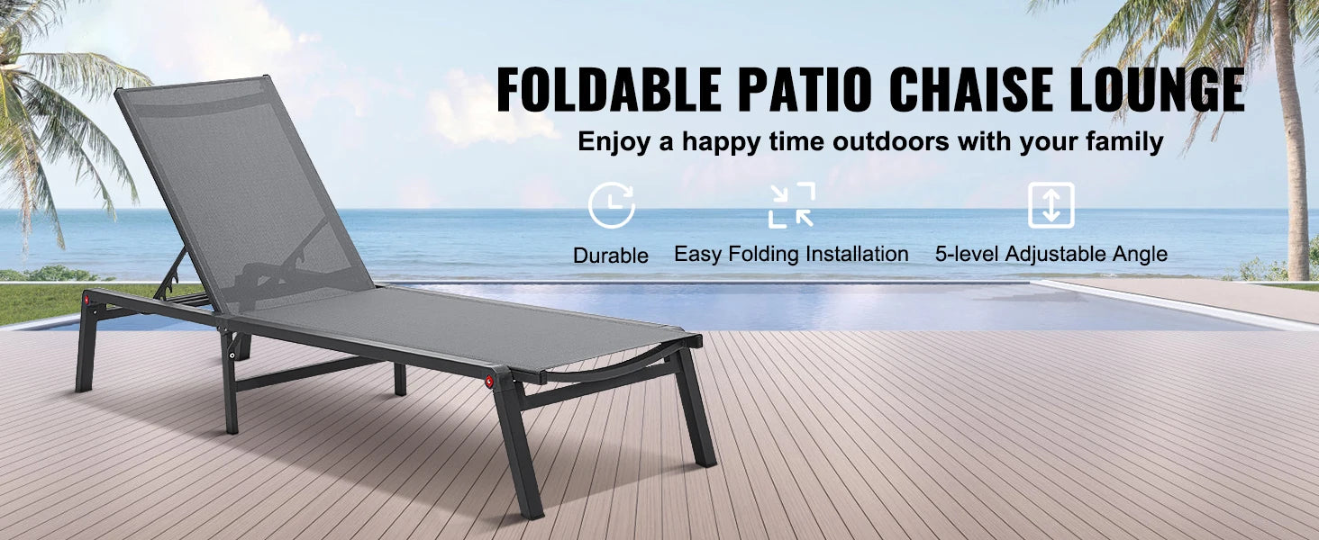 SucceBuy Chaise Lounge Chair Outdoor Aluminum Patio LoungeFolding Pool Lounge Recliner Full Flat for Patio Beach Pool Dark Grey