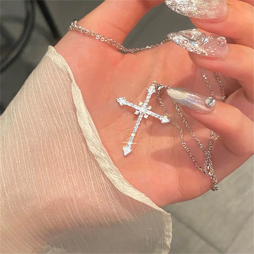Elegant Crystal Cross Pendant Necklace Silver Color Star Ladies Necklace Fashion Party Jewelry Women Gift Wholesale 