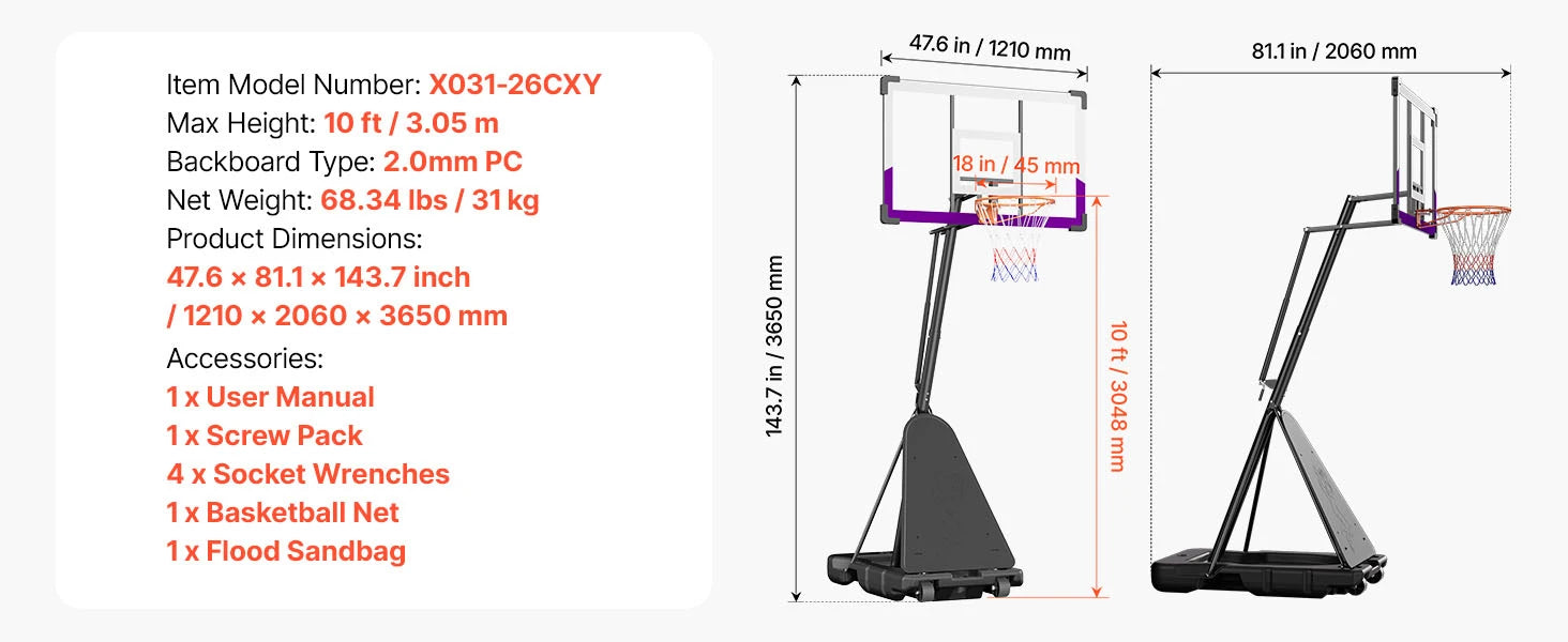 Système de panier de basket-ball portable réglable avec panneau de 44 à 54 pouces