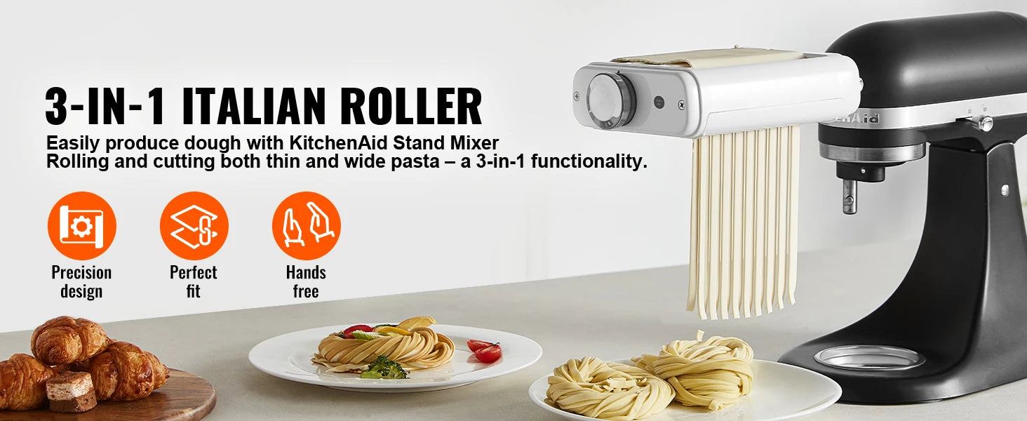 Accessoire 3-en-1 pour pâtes pour robot KitchenAid avec rouleau et coupe-pâtes