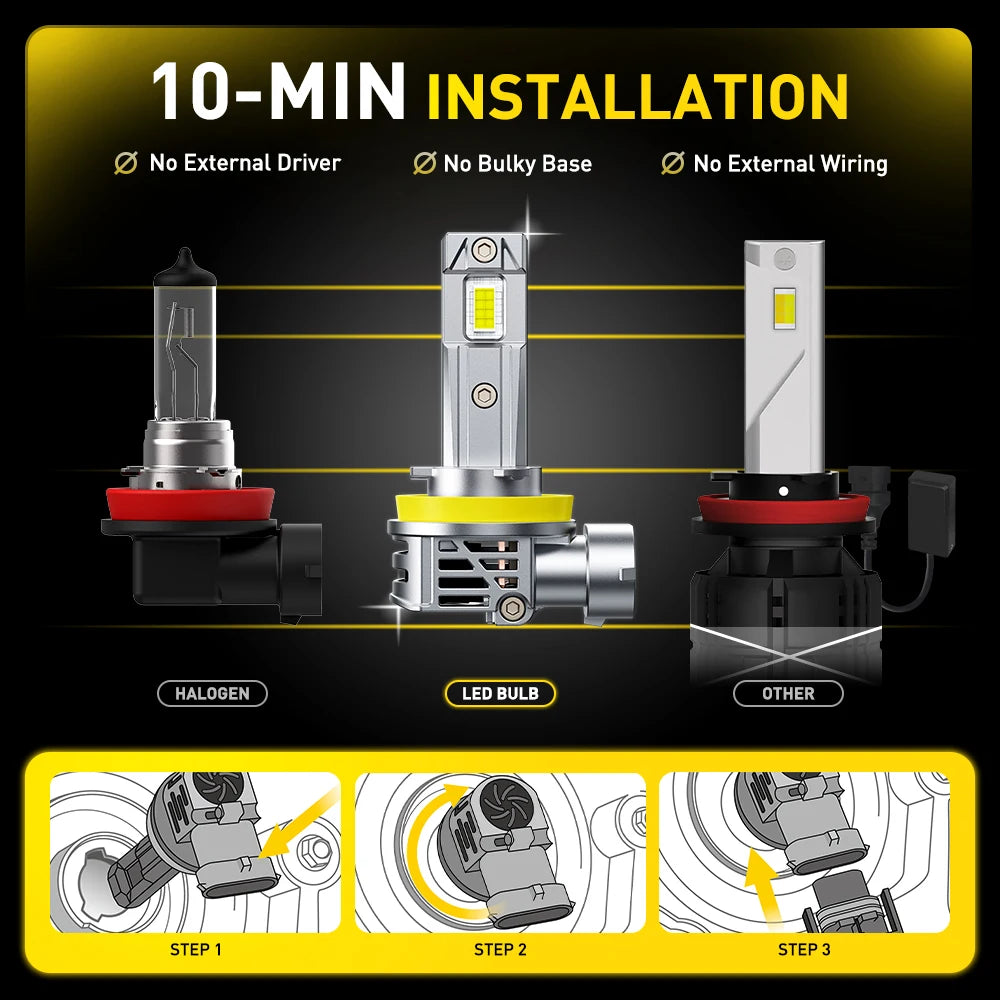 AUXITO Upgraded H11 H8 LED Headlamp Bulbs Canbus No Flickering Car High Low Beam Turbo 9005 HB3 9006 HB4 LED Headlight 30000LM