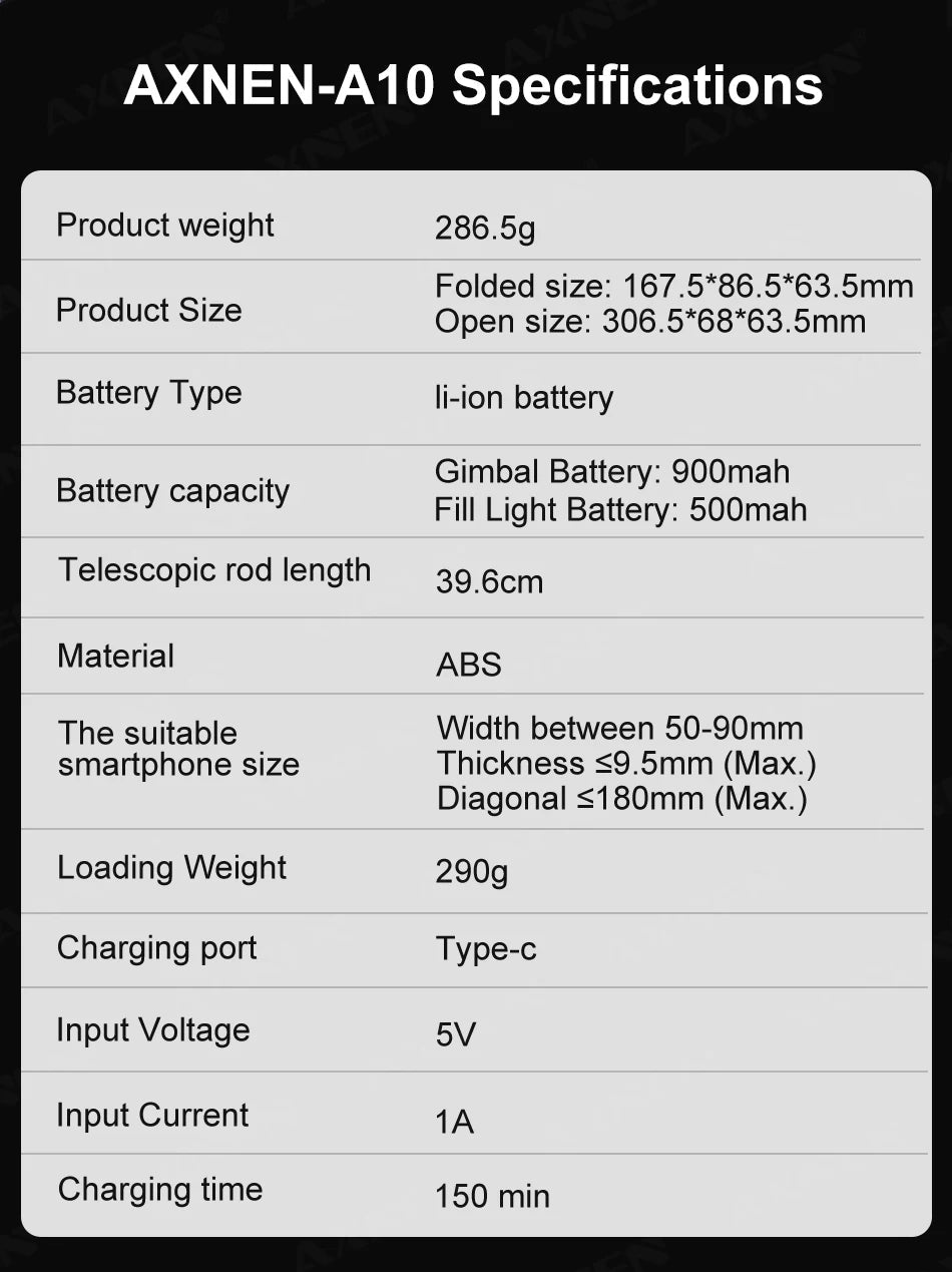 AXNEN A10 Handheld Gimbal Smartphone Stabilizer with Fill Light Extension Rod Remote Cellphone Selfie Stick for iPhone Samsung 