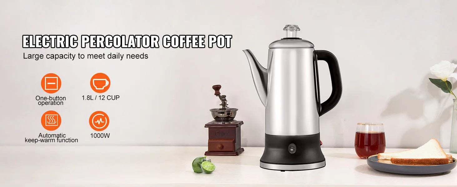 12-kops elektrisk kaffeperkolator 1,8L rustfrit stål med varmefunktion