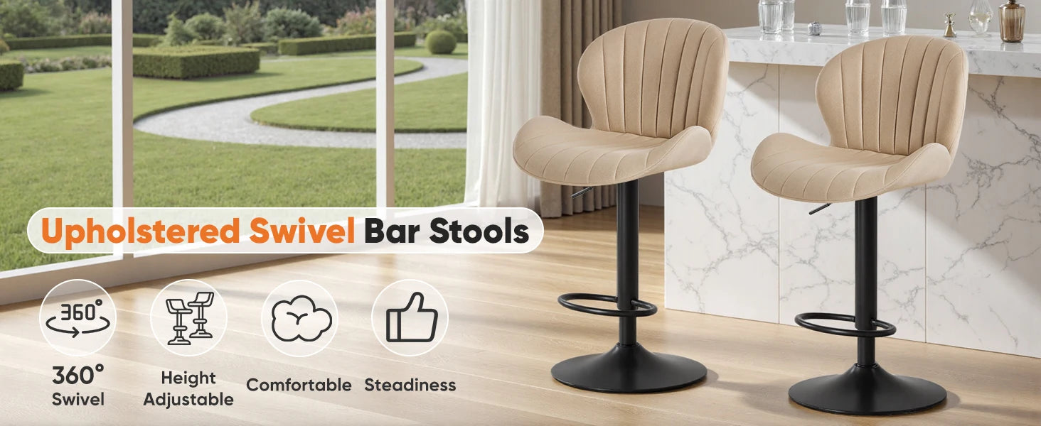 Adjustable 360° Swivel Bar Stools Set of 2 Fabric Dining Chairs