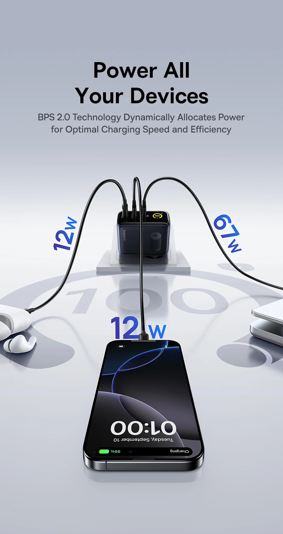 Baseus 100W GaN rychlá nabíječka s displejem, 3 porty USB-C a USB-A